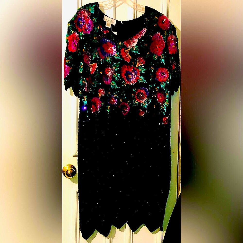 BNWT Laurence Kazar Silk Sequin Dress Women’s Plus Size 2XL Floral Vintage